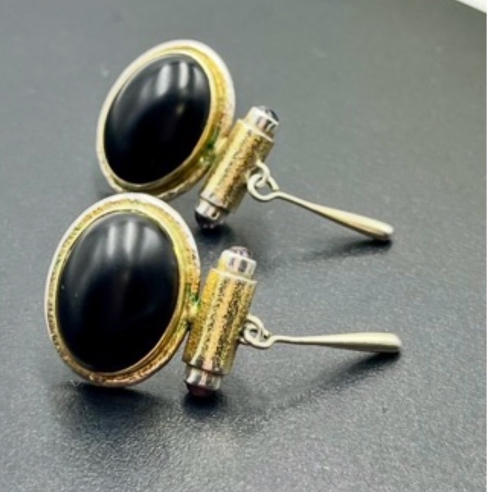Vintage‎ 925 Sterling Silver Gold Vermeil Black Onyx Amethyst Cab
Drop Earrings